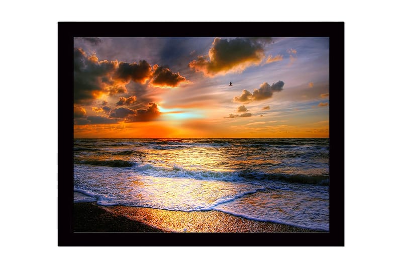 Inramad Canvastavla i trä - 41x56 cm - Solnedgång över havet med dramatiska molnformationer, Orange / Blå / Guld