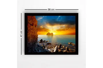 Inramad Canvastavla i trä - 41x56 cm - Solnedgång över havet med klippformationer i förgrunden - Orange / Blå / Grå - Inredning - Tavlor & posters - Canvastavla