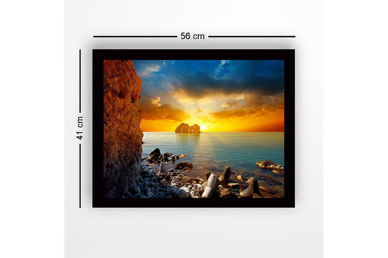 Inramad Canvastavla i trä - 41x56 cm - Solnedgång över havet med klippformationer i förgrunden - Orange / Blå / Grå - Inredning - Tavlor & posters - Canvastavla