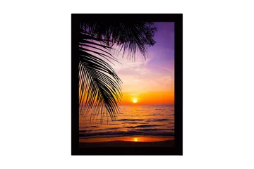 Inramad Canvastavla i trä - 41x56 cm - Solnedgång över havet med palmer i förgrunden - Lila / Orange / Gult - Inredning - Tavlor & posters - Canvastavla