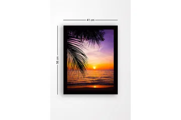 Inramad Canvastavla i trä - 41x56 cm - Solnedgång över havet med palmer i förgrunden - Lila / Orange / Gult - Inredning - Tavlor & posters - Canvastavla