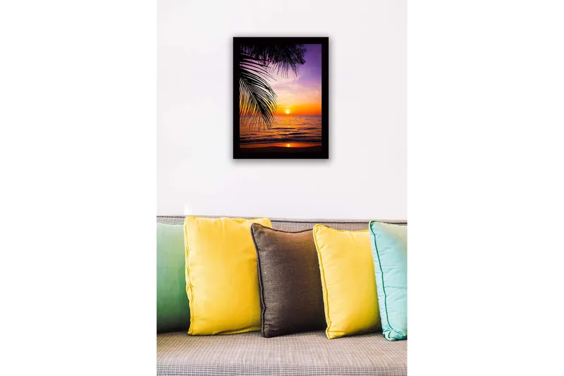 Inramad Canvastavla i trä - 41x56 cm - Solnedgång över havet med palmer i förgrunden - Lila / Orange / Gult - Inredning - Tavlor & posters - Canvastavla