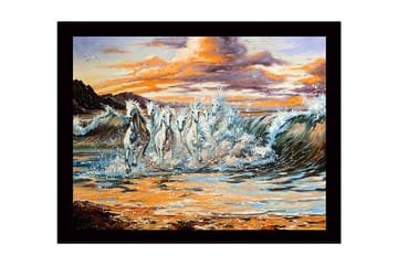 Inramad Canvastavla i trä - 41x56 cm - Sprudlande hästar som galopperar genom vågorna vid solnedgången - Vit / Blå / Orange - Inredning - Tavlor & posters - Canvastavla