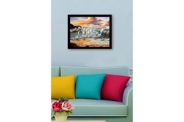 Inramad Canvastavla i trä - 41x56 cm - Sprudlande hästar som galopperar genom vågorna vid solnedgången - Vit / Blå / Orange - Inredning - Tavlor & posters - Canvastavla