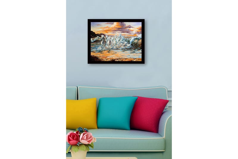 Inramad Canvastavla i trä - 41x56 cm - Sprudlande hästar som galopperar genom vågorna vid solnedgången - Vit / Blå / Orange - Inredning - Tavlor & posters - Canvastavla