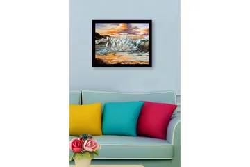 Inramad Canvastavla i trä - 41x56 cm - Sprudlande hästar som galopperar genom vågorna vid solnedgången - Vit / Blå / Orange - Inredning - Tavlor & posters - Canvastavla