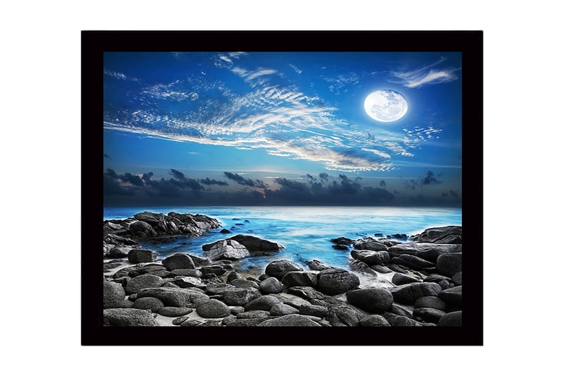 Inramad Canvastavla i trä - 41x56 cm - Stämningsfull havslandskap med måne och klippor, Blå / Grå / Vit