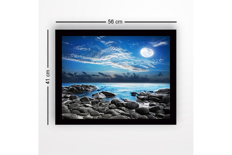 Inramad Canvastavla i trä - 41x56 cm - Stämningsfull havslandskap med måne och klippor - Blå / Grå / Vit - Inredning - Tavlor & posters - Canvastavla