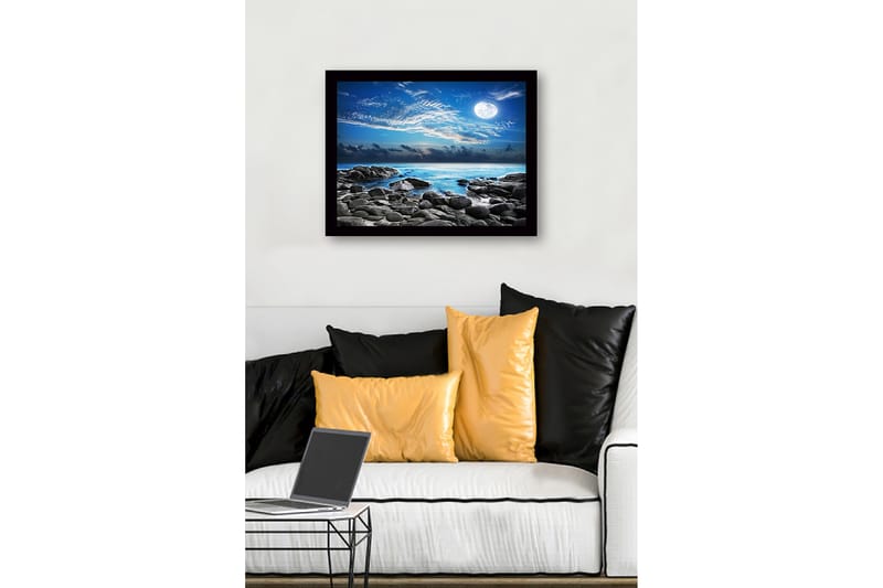 Inramad Canvastavla i trä - 41x56 cm - Stämningsfull havslandskap med måne och klippor - Blå / Grå / Vit - Inredning - Tavlor & posters - Canvastavla