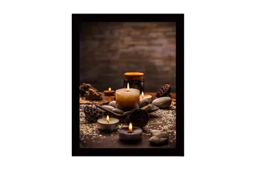 Inramad Canvastavla i trä - 41x56 cm - Stämningsfull samling av ljus och stenar - Guld / Brun / Grå - Inredning - Tavlor & posters - Canvastavla
