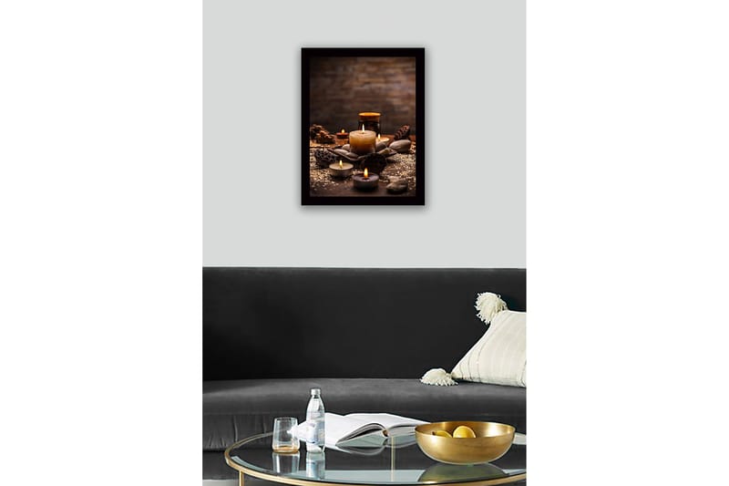 Inramad Canvastavla i trä - 41x56 cm - Stämningsfull samling av ljus och stenar - Guld / Brun / Grå - Inredning - Tavlor & posters - Canvastavla