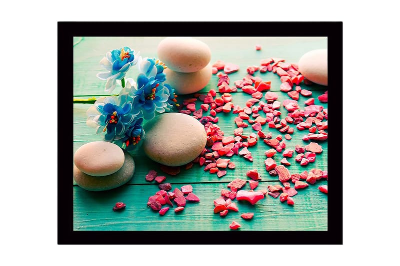 Inramad Canvastavla i trä - 41x56 cm - Stenarrangemang med blå blommor och rosa stenar, Blå / Rosa / Grå