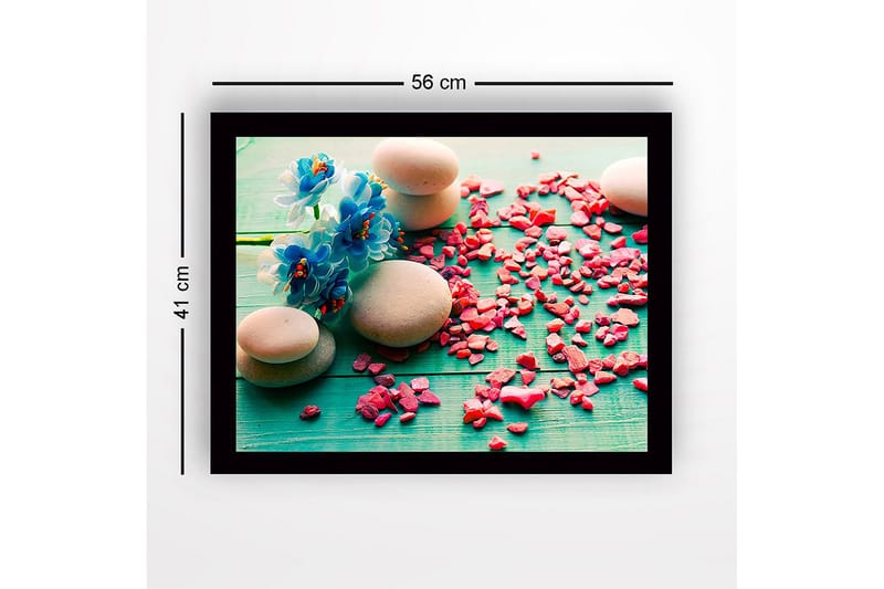 Inramad Canvastavla i trä - 41x56 cm - Stenarrangemang med blå blommor och rosa stenar - Blå / Rosa / Grå - Inredning - Tavlor & posters - Canvastavla