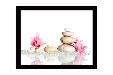 Inramad Canvastavla i trä - 41x56 cm - Stenstapel omgiven av rosa blommor och glittrande stenar - Vit / Rosa / Beige - Inredning - Tavlor & posters - Canvastavla