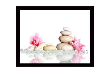 Inramad Canvastavla i trä - 41x56 cm - Stenstapel omgiven av rosa blommor och glittrande stenar - Vit / Rosa / Beige - Inredning - Tavlor & posters - Canvastavla