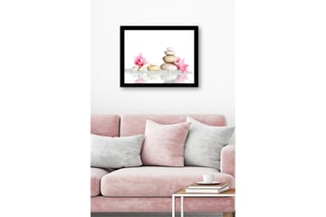 Inramad Canvastavla i trä - 41x56 cm - Stenstapel omgiven av rosa blommor och glittrande stenar - Vit / Rosa / Beige - Inredning - Tavlor & posters - Canvastavla