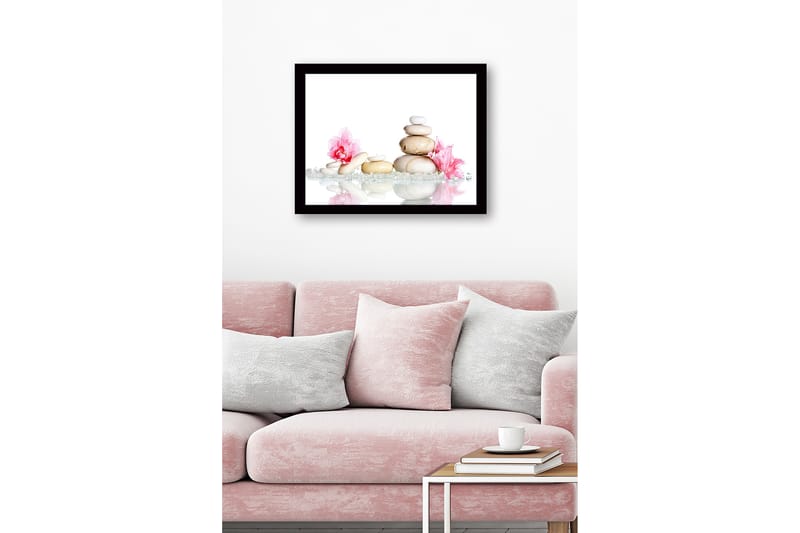 Inramad Canvastavla i trä - 41x56 cm - Stenstapel omgiven av rosa blommor och glittrande stenar - Vit / Rosa / Beige - Inredning - Tavlor & posters - Canvastavla