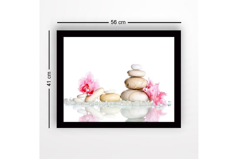Inramad Canvastavla i trä - 41x56 cm - Stenstapel omgiven av rosa blommor och glittrande stenar - Vit / Rosa / Beige - Inredning - Tavlor & posters - Canvastavla