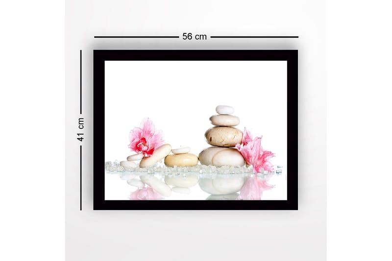Inramad Canvastavla i trä - 41x56 cm - Stenstapel omgiven av rosa blommor och glittrande stenar - Vit / Rosa / Beige - Inredning - Tavlor & posters - Canvastavla