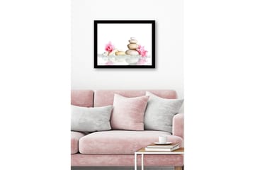 Inramad Canvastavla i trä - 41x56 cm - Stenstapel omgiven av rosa blommor och glittrande stenar - Vit / Rosa / Beige - Inredning - Tavlor & posters - Canvastavla