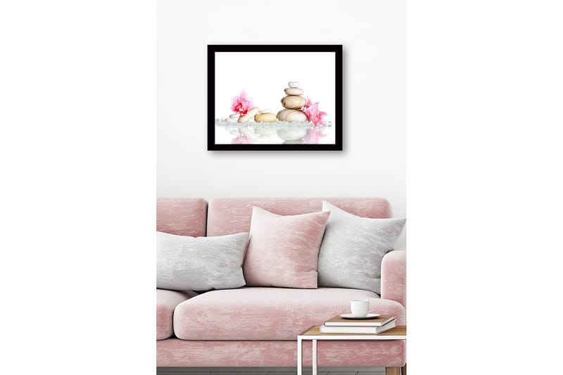 Inramad Canvastavla i trä - 41x56 cm - Stenstapel omgiven av rosa blommor och glittrande stenar - Vit / Rosa / Beige - Inredning - Tavlor & posters - Canvastavla