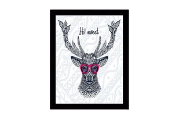 Inramad Canvastavla i trä - 41x56 cm - Stilig hjort med glasögon och detaljerad mönstring - Mörkblå / Rosa / Vit - Inredning - Tavlor & posters - Canvastavla