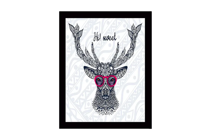 Inramad Canvastavla i trä - 41x56 cm - Stilig hjort med glasögon och detaljerad mönstring, Mörkblå / Rosa / Vit