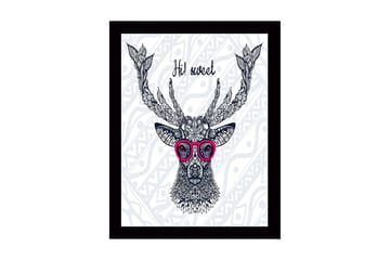 Inramad Canvastavla i trä - 41x56 cm - Stilig hjort med glasögon och detaljerad mönstring - Mörkblå / Rosa / Vit - Inredning - Tavlor & posters - Canvastavla