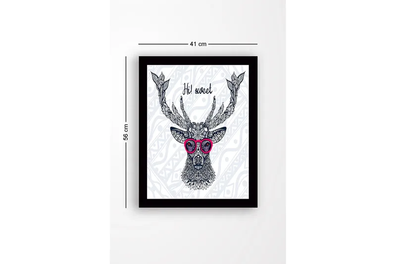 Inramad Canvastavla i trä - 41x56 cm - Stilig hjort med glasögon och detaljerad mönstring - Mörkblå / Rosa / Vit - Inredning - Tavlor & posters - Canvastavla