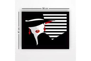 Inramad Canvastavla i trä - 41x56 cm - Stiliserad kvinna med hatt och röda läppar - Svart / Vitt / Röd - Inredning - Tavlor & posters - Canvastavla
