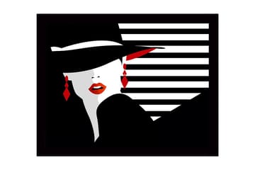 Inramad Canvastavla i trä - 41x56 cm - Stiliserad kvinna med hatt och röda läppar - Svart / Vitt / Röd - Inredning - Tavlor & posters - Canvastavla