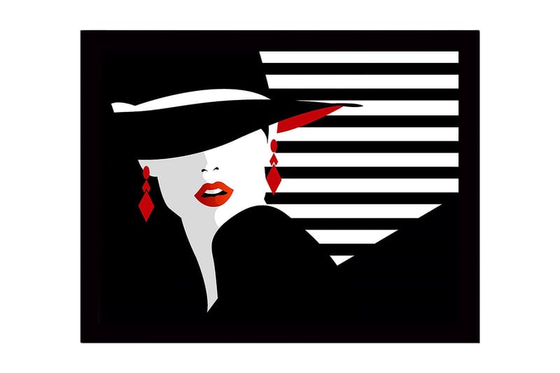 Inramad Canvastavla i trä - 41x56 cm - Stiliserad kvinna med hatt och röda läppar - Svart / Vitt / Röd - Inredning - Tavlor & posters - Canvastavla