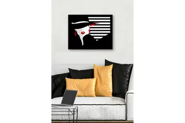 Inramad Canvastavla i trä - 41x56 cm - Stiliserad kvinna med hatt och röda läppar - Svart / Vitt / Röd - Inredning - Tavlor & posters - Canvastavla