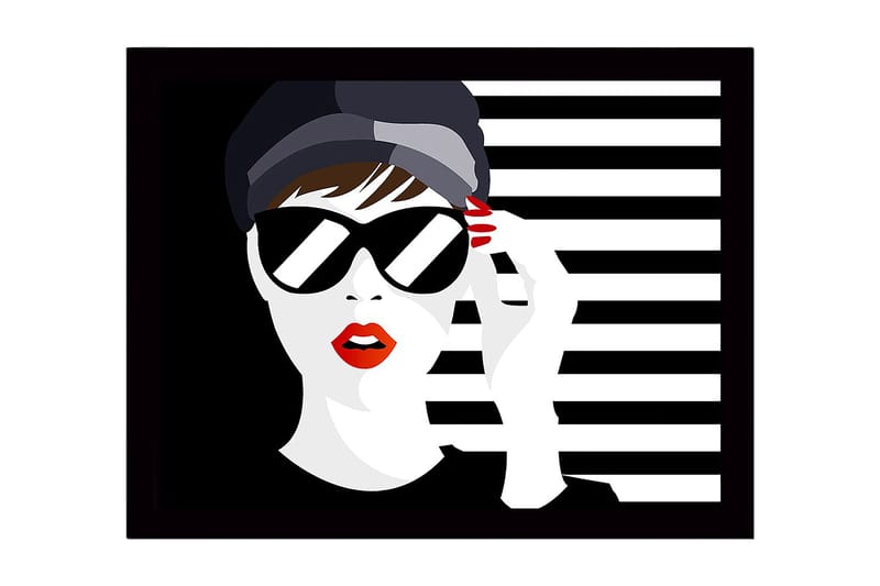 Inramad Canvastavla i trä - 41x56 cm - Stiliserad kvinna med solglasögon och röd läppstift - Svart / Vit / Röd - Inredning - Tavlor & posters - Canvastavla