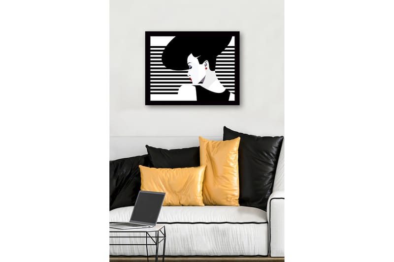 Inramad Canvastavla i trä - 41x56 cm - Stiliserad kvinna med stort hår och röda läppar - Svart / Vitt / Röd - Inredning - Tavlor & posters - Canvastavla
