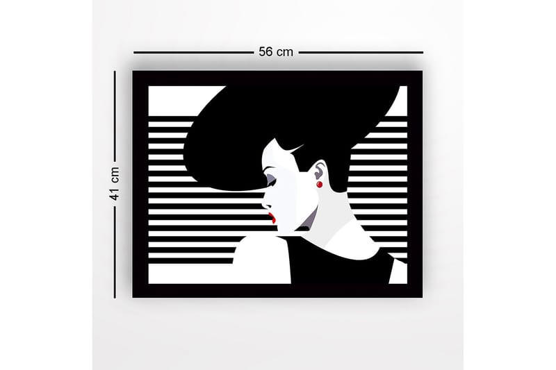 Inramad Canvastavla i trä - 41x56 cm - Stiliserad kvinna med stort hår och röda läppar - Svart / Vitt / Röd - Inredning - Tavlor & posters - Canvastavla