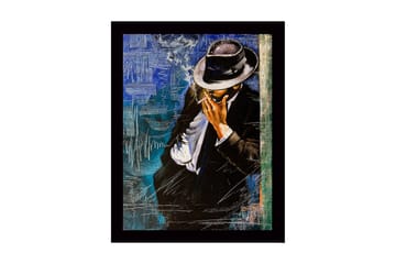 Inramad Canvastavla i trä - 41x56 cm - Stiliserad man i kostym med hatt som röker en cigarett - Svart / Blå / Vit - Inredning - Tavlor & posters - Canvastavla