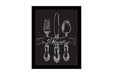 Inramad Canvastavla i trä - 41x56 cm - Stiliserad uppsättning av bestick med en banner som visar ordet Menu - Vit / Svart - Inredning - Tavlor & posters - Canvastavla