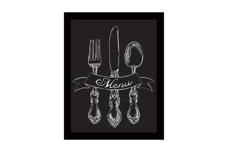Inramad Canvastavla i trä - 41x56 cm - Stiliserad uppsättning av bestick med en banner som visar ordet Menu, Vit / Svart