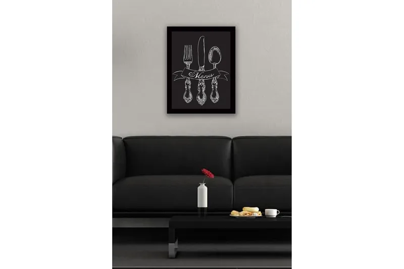 Inramad Canvastavla i trä - 41x56 cm - Stiliserad uppsättning av bestick med en banner som visar ordet Menu - Vit / Svart - Inredning - Tavlor & posters - Canvastavla