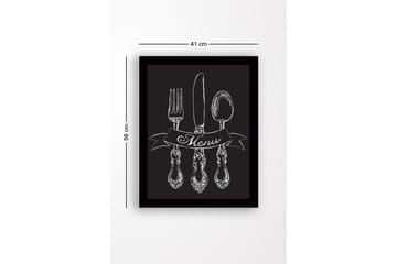 Inramad Canvastavla i trä - 41x56 cm - Stiliserad uppsättning av bestick med en banner som visar ordet Menu - Vit / Svart - Inredning - Tavlor & posters - Canvastavla
