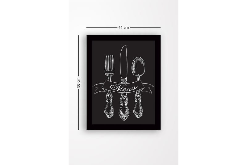 Inramad Canvastavla i trä - 41x56 cm - Stiliserad uppsättning av bestick med en banner som visar ordet Menu - Vit / Svart - Inredning - Tavlor & posters - Canvastavla
