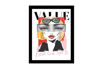 Inramad Canvastavla i trä - 41x56 cm - Stiliserad porträtt av en kvinna med solglasögon och färgglad bakgrund - Röd / Svart / Gul - Inredning - Tavlor & posters - Canvastavla