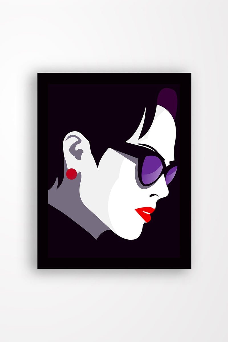 Inramad Canvastavla i trä - 41x56 cm - Stiliserad profil av en kvinna med solglasögon, Mörklila / Röd / Vit