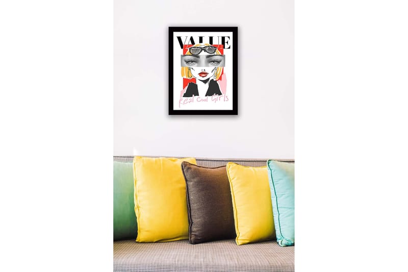 Inramad Canvastavla i trä - 41x56 cm - Stiliserad porträtt av en kvinna med solglasögon och färgglad bakgrund - Röd / Svart / Gul - Inredning - Tavlor & posters - Canvastavla