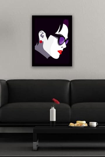 Inramad Canvastavla i trä - 41x56 cm - Stiliserad profil av en kvinna med solglasögon - Mörklila / Röd / Vit - Inredning - Tavlor & posters - Canvastavla