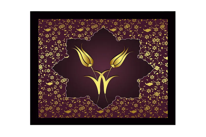 Inramad Canvastavla i trä - 41x56 cm - Stiliserade blommor i guld mot en mörkröd bakgrund - Mörkröd / Guld - Inredning - Tavlor & posters - Canvastavla