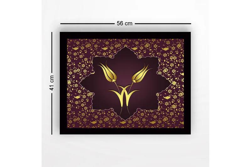 Inramad Canvastavla i trä - 41x56 cm - Stiliserade blommor i guld mot en mörkröd bakgrund - Mörkröd / Guld - Inredning - Tavlor & posters - Canvastavla