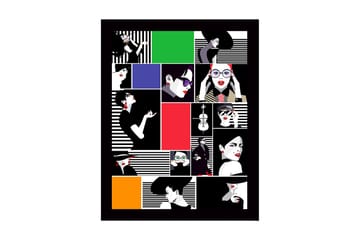 Inramad Canvastavla i trä - 41x56 cm - Stiliserade porträtt av kvinnor i olika uttryck och kläder - Röd / Svart / Vit - Inredning - Tavlor & posters - Canvastavla