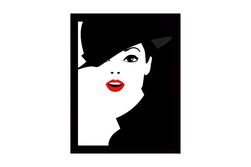 Inramad Canvastavla i trä - 41x56 cm - Stiliserat porträtt av en kvinna med hatt och röd läppstift, Svart / Vitt / Röd